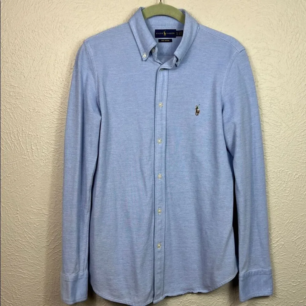 Ralph Lauren Boys Knit Oxford Pony Logo Blue Long Sleeve Button Down Shirt Large